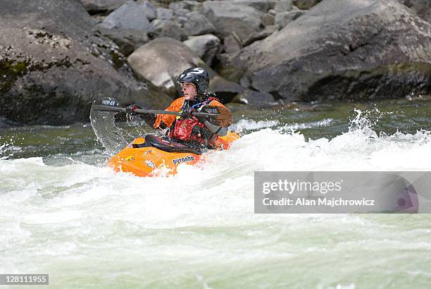 whitewater kayaking in tumwater canyon of the wenatchee river, washington, usa - tumwater stock pictures, royalty-free photos & images