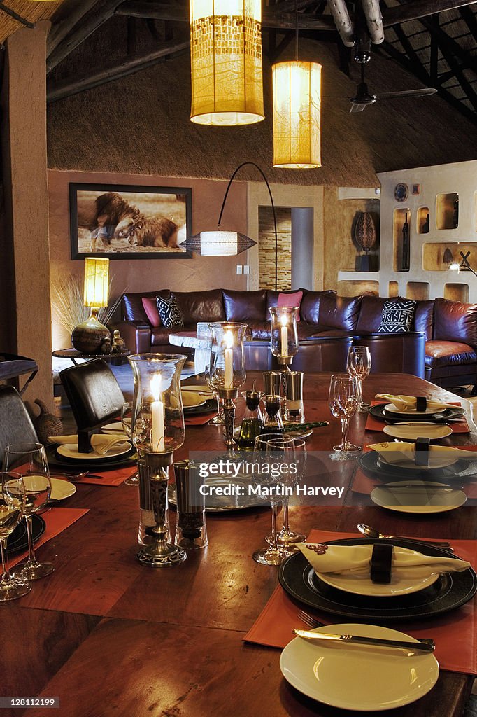 The rustic dining area of the Villa in Okonjima Private Game Reserve, Namibia. Here guests gathers in the evenings for a taste of heartfelt hospitality.(PR: Property Released)