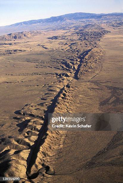 san andreas fault. aerial fault easily visible at surface on carrizo plain, south california - california earthquake stock pictures, royalty-free photos & images