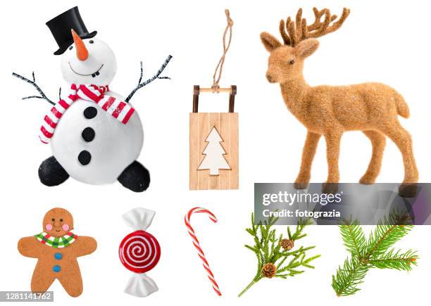 various christmas decoration elements - snowman isolated stock pictures, royalty-free photos & images