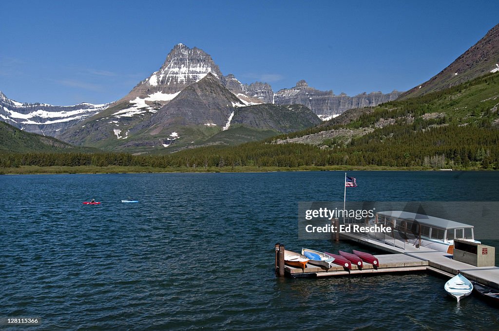 Glacier National Park. Boat dock, Many Glacier Area. Many Glacier Hotel, Swift Current Lake, Montana.