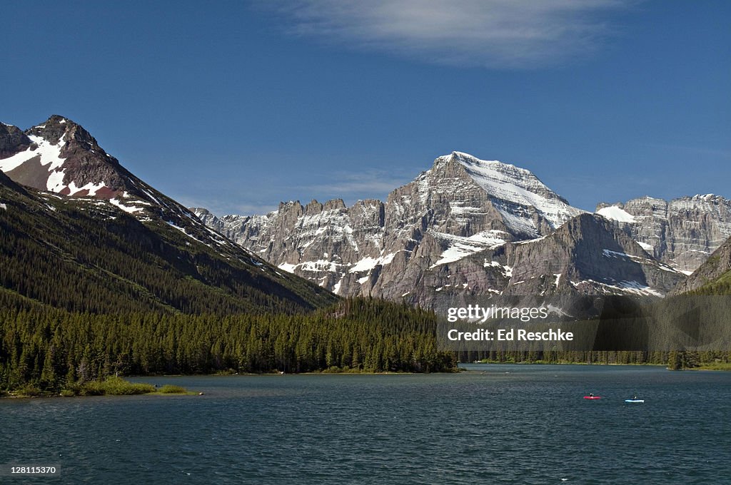 Glacier National Park. Kayaks on Swift Current Lake, Many Glacier Area. Mount Gould in the background. Montana