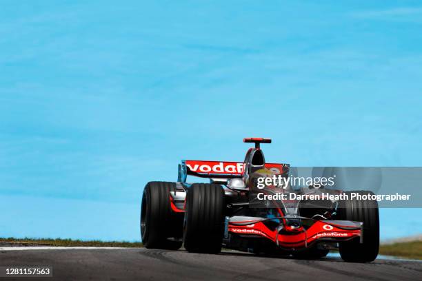 British McLaren Formula One driver Lewis Hamilton driving his McLaren MP4-23 car during practice for the 2008 Brazilian Grand Prix at the Autódromo...