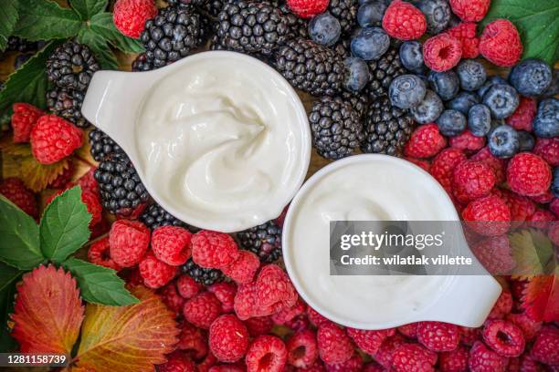 greek yogurt in a glass jars with spoons,healthy breakfast with fresh greek yogurt, muesli and berries on background - tavolo top view foto e immagini stock