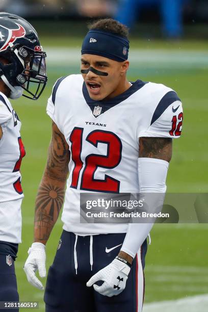 Kenny Stills of the Houston Texans watches from the sideline during a game against the Tennessee Titans at Nissan Stadium on October 18, 2020 in...