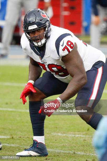 Laremy Tunsil of the Houston Texans plays against the Tennessee Titans at Nissan Stadium on October 18, 2020 in Nashville, Tennessee.