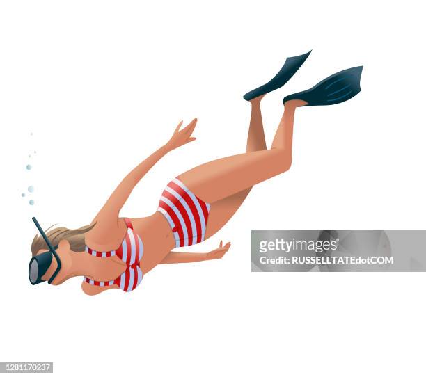 ilustrações de stock, clip art, desenhos animados e ícones de free diving woman with snorkel on white background - profundo