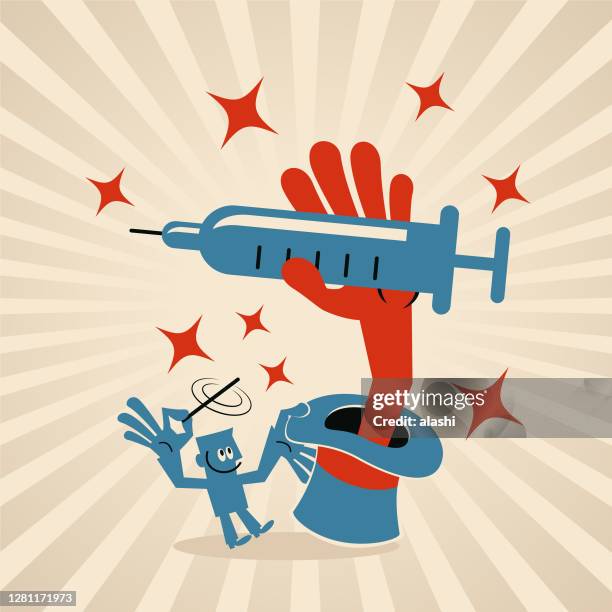 one man waves the magic wand and then a big hand shows up with vaccination syringe; fighting against the new coronavirus (covid-19, bacterium, virus) - hand magic wand stock illustrations