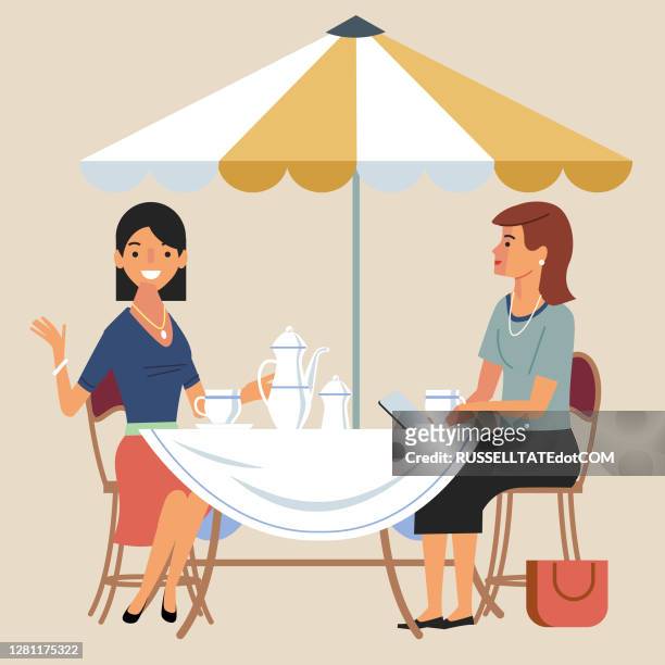 two women seated outside on a lunch date - couple having coffee stock illustrations