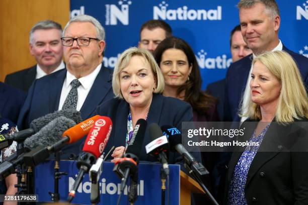 National Party Leader Judith Collins speaks to media during a press conference at Parliament on October 20, 2020 in Wellington, New Zealand. Labour's...