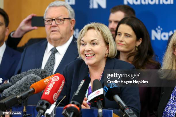 National Party Leader Judith Collins speaks to media while Gerry Brownlee looks on during a press conference at Parliament on October 20, 2020 in...