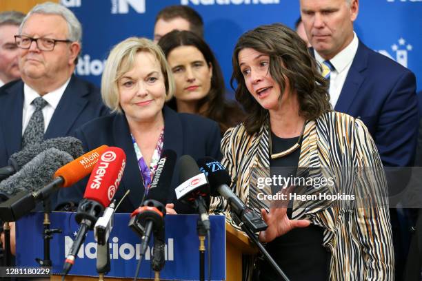 Denise Lee of the National Party speaks to media while Leader Judith Collins looks on at Parliament on October 20, 2020 in Wellington, New Zealand....