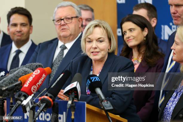 National Party Leader Judith Collins speaks to media during a press conference at Parliament on October 20, 2020 in Wellington, New Zealand. Labour's...