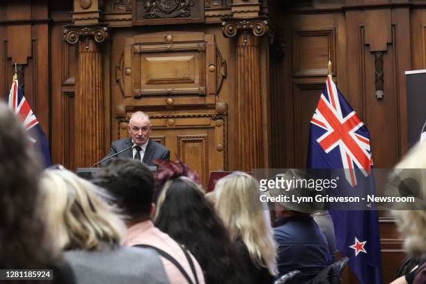 Speaker of the House Trevor Mallard welcomes newly-elected MPs at Parliament on October 20, 2020 in Wellington, New Zealand. Labour's Jacinda Ardern...