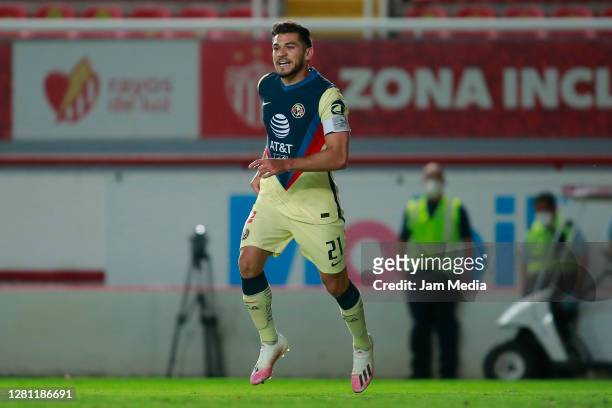 Henry Martin of America celebrates after scoring the second goal of his team during the 14th round match between Leon and America as part of the...