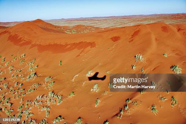 shadow of a small aircraft on sand dune of the namib desert. namibia. - namibia airplane stock-fotos und bilder
