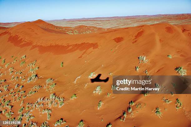 shadow of a small aircraft on sand dune of the namib desert. namibia. - namibia airplane stock pictures, royalty-free photos & images