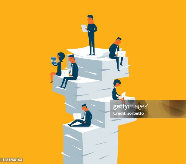 business people sitting on piles of documents working - bureaucracy stock illustrations