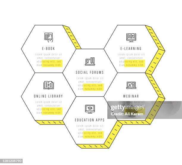 infographic design template. e-book, social forums, e-learning, online library, education apps, webinar icons with 6 options or steps. - virtual office stock illustrations