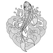 Zen doodle Fish in heart waves tangles adult coloring page, Illustration zentangle style.
