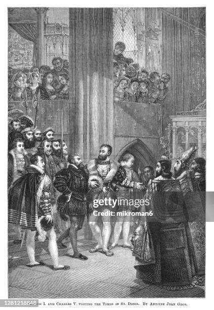 old engraved illustration of francis i and charles v visiting the tombs in st. denis - francis i holy roman emperor stock pictures, royalty-free photos & images