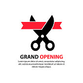 Grand opening. Scissors cut the red ribbon. Inauguration icon. Concept of invite congratulation for client of restaurant or cafe. Vector on isolated white background. EPS 10.