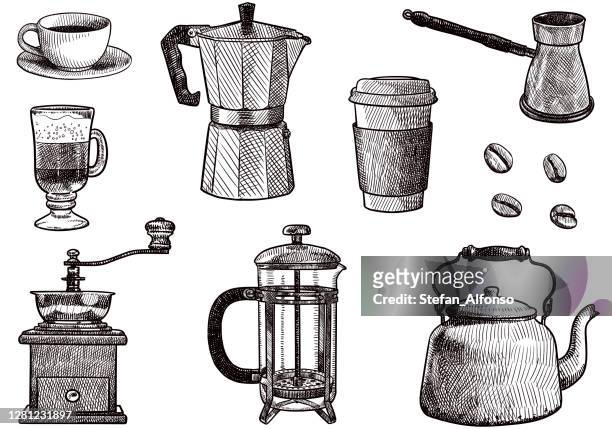 ilustraciones, imágenes clip art, dibujos animados e iconos de stock de conjunto de dibujos relacionados con el café - molinillo