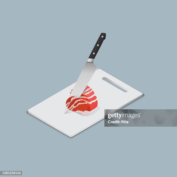 ilustraciones, imágenes clip art, dibujos animados e iconos de stock de cortar la carne fresca con el cuchillo de un chef.  vista isométrica. - cortado en filetes