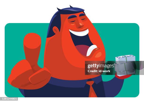 evil businessman holding money notes and pointing at front - comedy stage stock illustrations