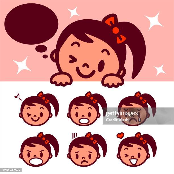 facial expression (emoticons) of cute girl with pigtails and hair bow and blank sign - emotional series stock illustrations