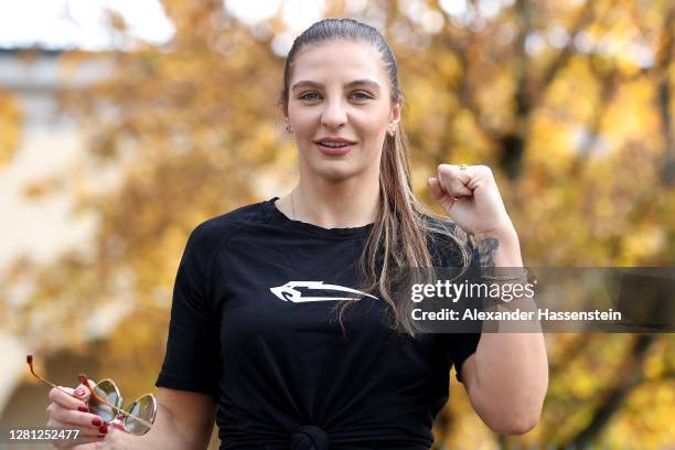 Christina Hammer poses during a photocall on October 20, 2020 in Munich, Germany. The WBC interim and WIBF title fight between Christina Hammer of...