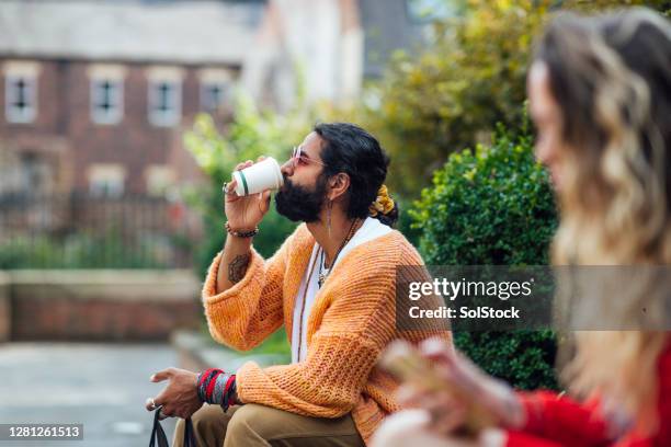 coffee break in the park - hair elastic stock pictures, royalty-free photos & images