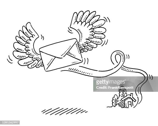 letter with wings flying to destination drawing - kleurenverloop stock illustrations