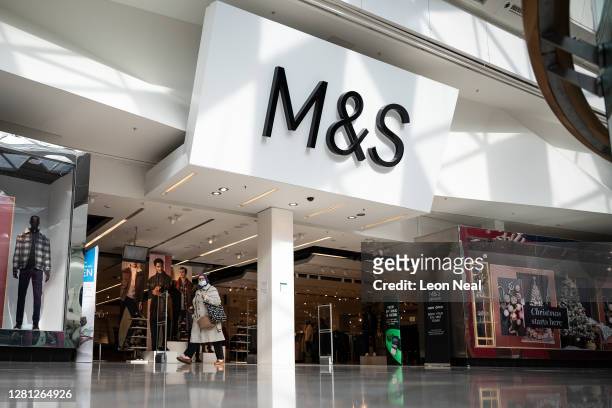 General view of the exterior of the branch of retailer Marks and Spencer at Westfield White City on October 20, 2020 in London, England. The high...