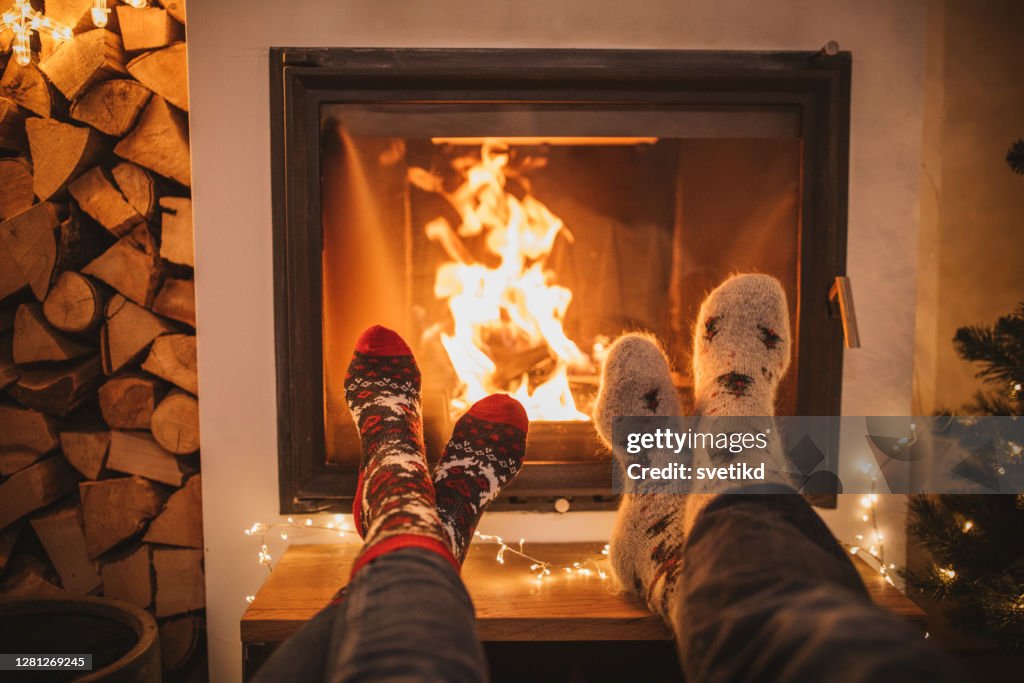Winter day by fireplace