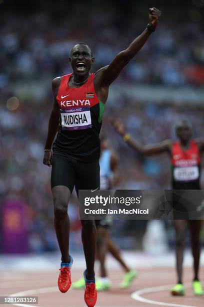 David Lekuta Rudisha of Kenya celebrates after winning gold and setting a new world record of 1:40.91 in the Men's 800m Final on Day 13 of the London...