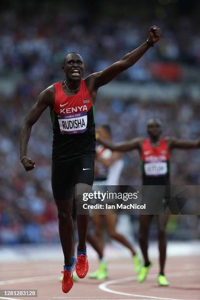 David Lekuta Rudisha of Kenya celebrates after winning gold and setting a new world record of 1:40.91 in the Men's 800m Final on Day 13 of the London...