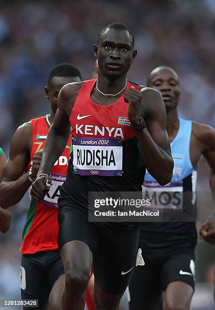 David Lekuta Rudisha of Kenya is seen on his way to winning gold and setting a new world record of 1:40.91 in the Men's 800m Final on Day 13 of the...