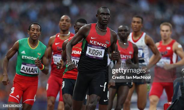 David Lekuta Rudisha of Kenya is seen on his way to winning gold and setting a new world record of 1:40.91 in the Men's 800m Final on Day 13 of the...