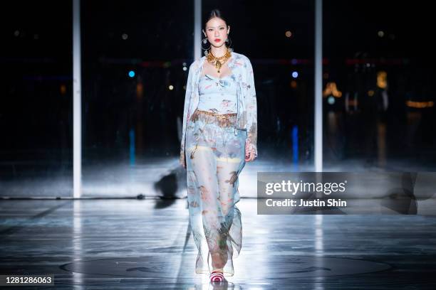 Model showcases designs by Miss Gee Collection on the runway as a part of Seoul Fashion Week 2021 SS on October 20, 2020 in Seoul, South Korea.