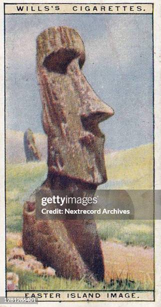 Vintage illustrated collectible tobacco card from the Wonders of the Past series published in 1926 by H O Wills Cigarettes, the monumental moai heads...