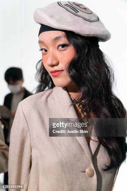 Model poses in backstage prior to Miss Gee Collection runway show as a part of Seoul Fashion Week 2021 SS on October 20, 2020 in Seoul, South Korea.
