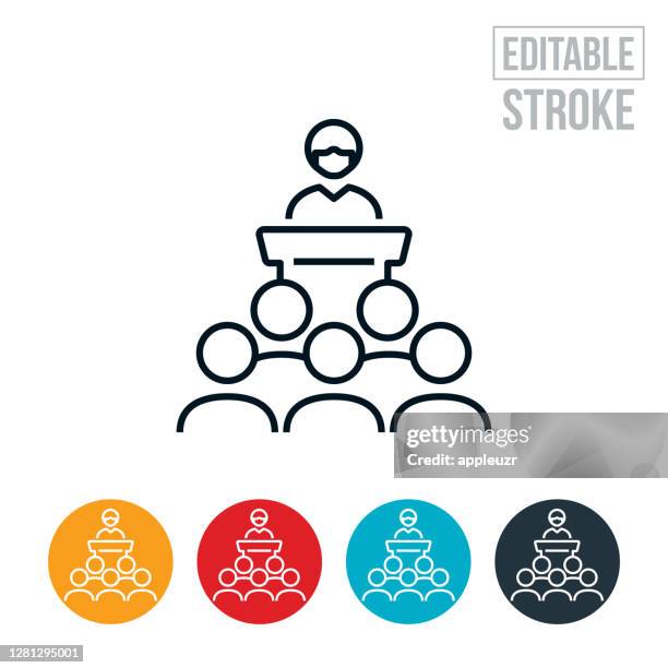 business person presenting from podium wearing face mask thin line icon - editable stroke - school rules stock illustrations