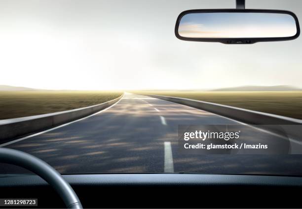 speed, car, dashboard, road, room mirror - driver point of view stock illustrations