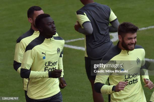 Olympique de Marseille players during a training session ahead of the UEFA Champions League Group C stage match against Olympiacos FC at Karaiskakis...