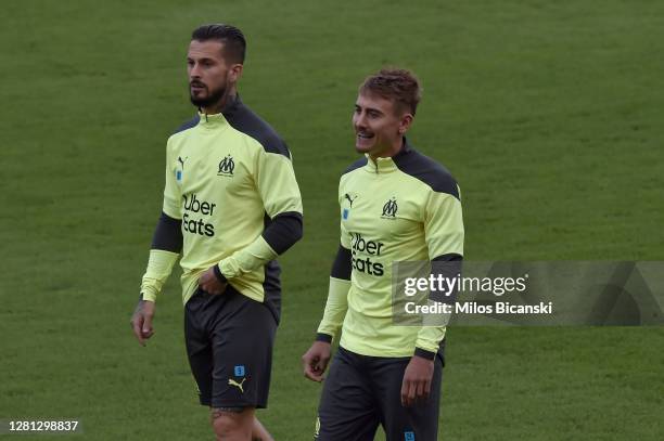 Darío Benedetto and Valentin Rongier of Olympique de Marseille during a training session ahead of the UEFA Champions League Group C stage match...