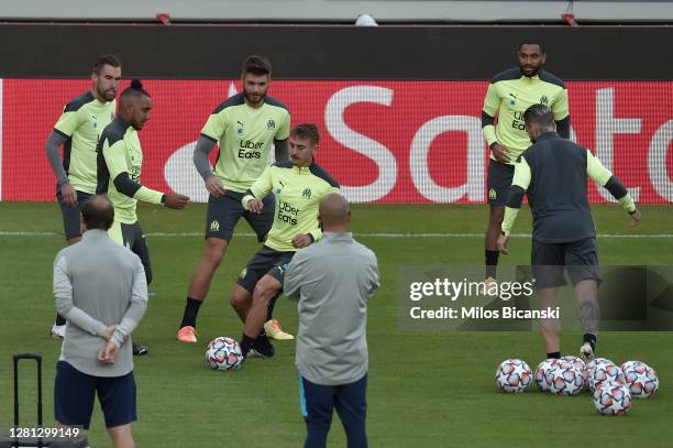 Olympique de Marseille players during a training session ahead of the UEFA Champions League Group C stage match against Olympiacos FC at Karaiskakis...