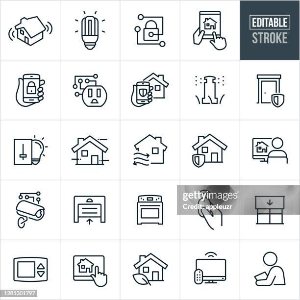 home automation thin line icons - editable stroke - burglar alarm stock illustrations