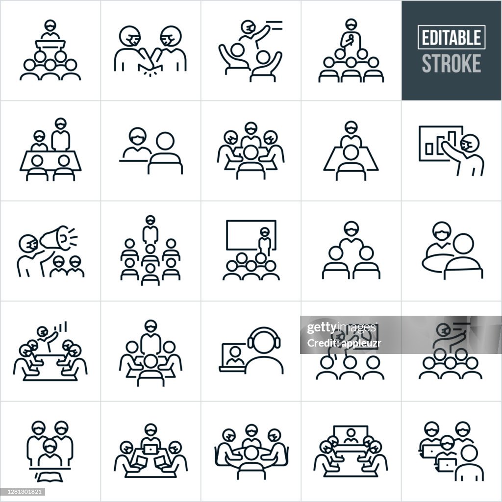 Business Meetings And Mask Wearing Thin Line Icons - Editable Stroke