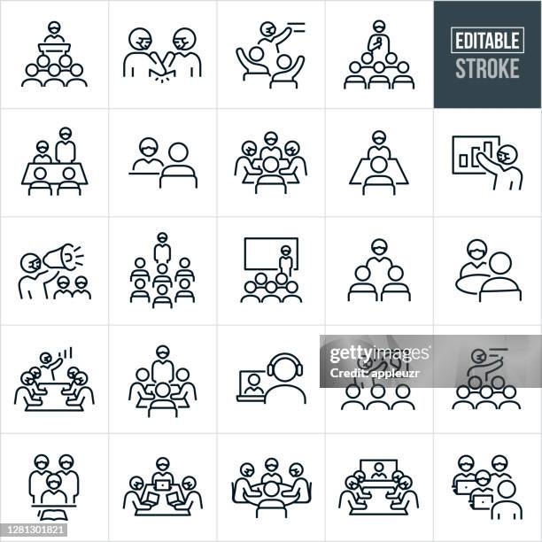 business meetings and mask wearing thin line icons - editable stroke - meeting room people stock illustrations